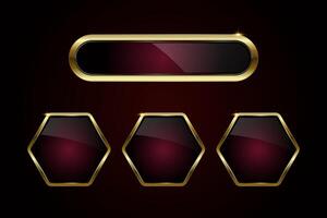 Group of premium gold oval and hexagon buttons web UX, UI design. Set of four different buttons shape styles in Luxury and gold stoked on dark red background vector