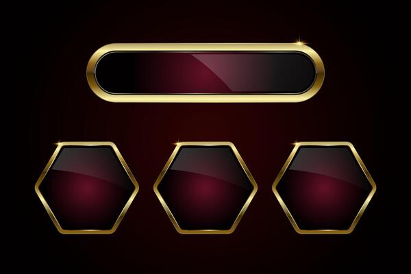 Group of premium gold oval and hexagon buttons web UX, UI design. Set of four different buttons shape styles in Luxury and gold stoked on dark red background