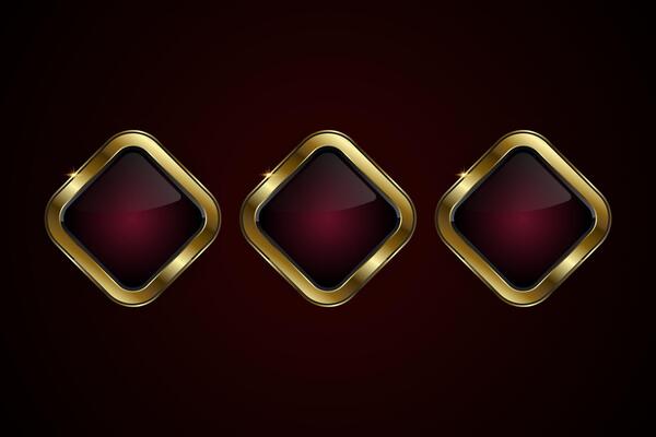 Set of three special shapes buttons design with diamond-shaped button with a rich, glossy black center framed by a brilliant gold border vectors