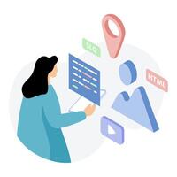 Illustrator working with visual elements and code. Conveys creativity, user interface focus vector
