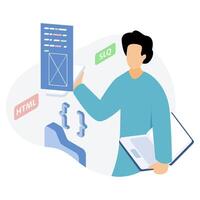 Developer working on, HTML, and SQL code simultaneously. Suggests versatility, technical skill. Perfect for software engineering, web apps. vector
