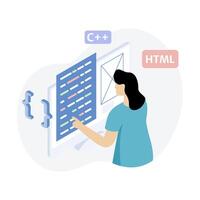 Illustrator working on HTML CSS code on a desktop. Atmosphere is focused, creative. Perfect for web design, coding tutorials vector