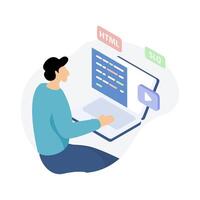 Developer working on code with a map pin and HTML. Suggests location services integration. Perfect for mobile web development, mapping apps vector