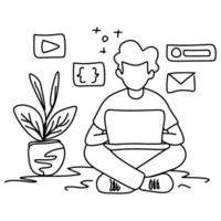 Web Developer Man Coding at Desk. Working on laptop with gear icons. Clean line art. Perfect for software development, programming. Focused, technical atmosphere vector