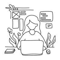 Woman Web Designer Concept. Working remotely on website development. Simple line drawing. Perfect for startup, online business. Productive, independent feel vector