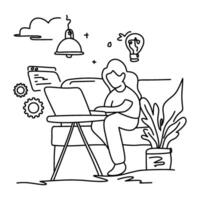 Web Developer Woman Coding. Sitting on abstract steps, working on laptop. Modern, clean line art. Perfect for tech, freelance, digital work. Focused, creative atmosphere vector