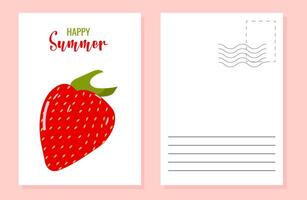 Hello summer color postcard design template layout. Ripe strawberries illustration. vector