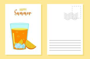 Hello summer color postcard design template layout. Orange juice with ice. illustration. vector
