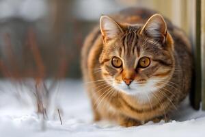 Tabby Cat in the Snow Captured from a Realistic Low Perspective photo