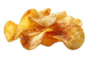 Close Up of Golden Chips with Plain Soft White Background photo
