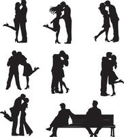 Silhouettes of people kissing and hugging on a bench vector