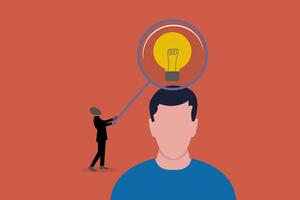 Businessman verify or validate light bulb idea on head. concept of Validate startup idea that have potential to implement and success in real life. vector