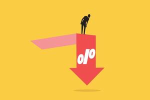Businessman on percentage sign with falling down. concept of Inflation or interest rate falling down, decrease, profit fall in recession, vector
