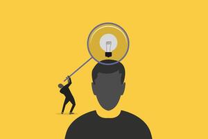 Businessman verify or validate light bulb idea on head. concept of Validate startup idea that have potential to implement and success in real life vector