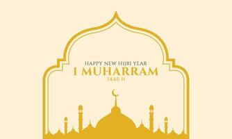 Happy New Hijri year greeting card design with mosque silhouette vector