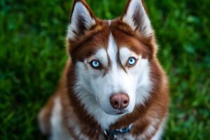 Handsome Blue Eyed Husky Dog with Rich Reddish Brown Fur photo