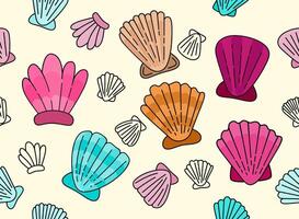 Hand drawn doodle of tropical shells, clams, mollusks, and shellfish for a beach summer concept. Can be used for children coloring books, backgrounds, backdrops, banners, posters, ads vector