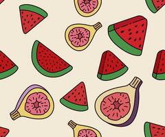 Seamless Illustration of Fresh Fig and Watermelon Slices for a Healthy and Refreshing Summer Snack. Can Be Used as Background, Banner, Print, Textile, Fashion, and Food Packaging Design vector