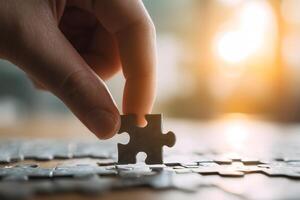 Final Step of Completing Puzzle with Hand Holding Last Piece photo