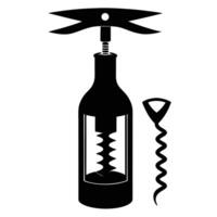 Wine Bottle And Corkscrew Silhouette vector