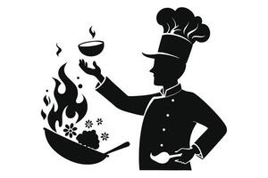 Chef Cooking With Wok In Silhouette vector