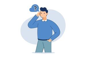 Flat man considers an issue indicated by a question mark bubble overhead, transparent background vector