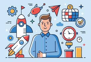 A Caucasian man stands among colorful rockets, spaceships, and icons on a light blue backdrop vector