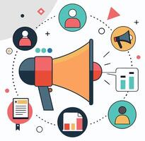Colorful megaphone amplifies data charts, reports, and avatar icons against a white background vector