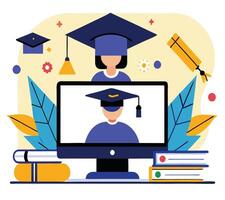 Diverse students virtually celebrate their graduation wearing mortarboards over the computer and books as background vector
