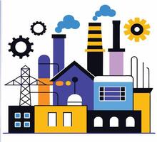 Colorful industrial complex with gears and smoke stack on a white transparent background vector