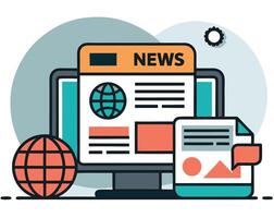 Computer screen showing news with globe, accompanied by a sphere and document displaying visuals vector