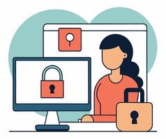 Woman works on her computer secured by lock icons against background transparency vector