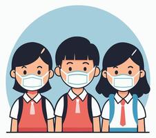 Three Asian students with masks and school uniform stand together on a round blue background vector