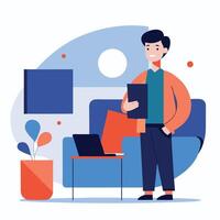 Smiling ethnic man holding folder stands near the couch and laptop inside the room vector