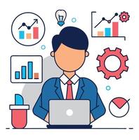 Cartoon businessman analyzes graphs and data on laptop, with lightbulb above him vector