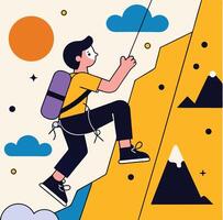 Climbing enthusiast with backpack navigates rocky terrain with a rope under an orange sun vector