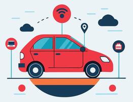 Red car uses wifi, pin location, cloud computing and data on transparent background vector