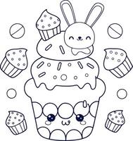 Cute Bunny on Kawaii Cupcake Stack with Sprinkles and Little Cakes Outline Design vector