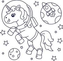 Outline Style Unicorn Astronaut, Planets, Rocket, Stars Isolated on White Background vector