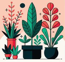 Several potted plants display stylized leaves and vibrant colors against a light background vector