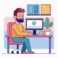 Smiling bearded man sits at his desk with a computer and potted plant vector