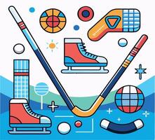 Two hockey sticks and vibrant winter gear create a dynamic, colorful composition vector