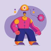Abstract man with gear above his head is standing on a light background vector
