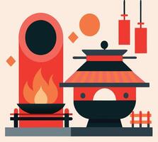 Geometric shapes show fire under a tower next to another structure on beige background vector