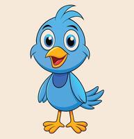 Cheerful blue cartoon bird is standing and smiling happily in a vibrant style vector