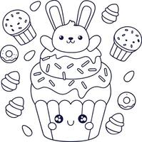 Cute Outline Bunny Topping Cupcake Surrounded by Donuts and Eggs, White Background vector