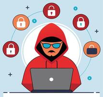Hooded hacker with retro sunglasses types on a laptop amidst floating lock icons vector