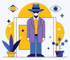 Flat geometric man with hat and sunglasses stands between plants and shapes vector