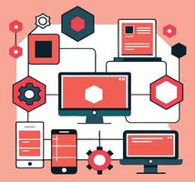 Geometric device network connects phones, computers, and abstract shapes with simple outlines on a pink background vector