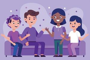 Diverse group on purple sofa enthusiastically discuss an idea in cheerful illustration vector
